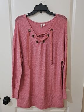 Cato Lace-Up V-Neck Long Sleeve Top - Rose Pink